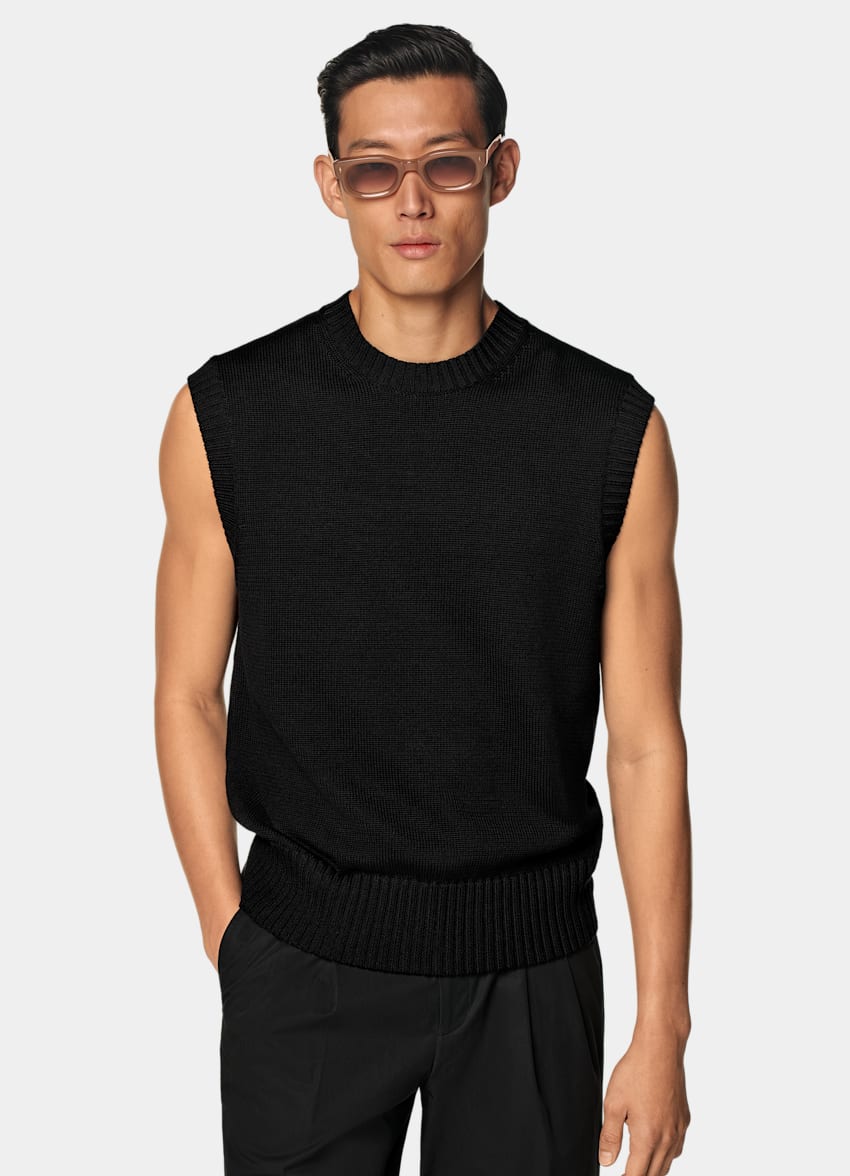 SUITSUPPLY Californian Cotton & Mulberry Silk Black Sleeveless Crewneck