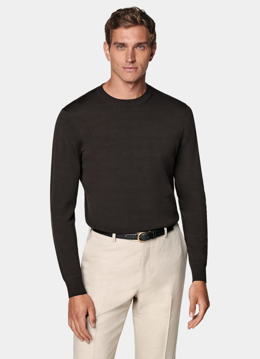 SUITSUPPLY Californian Cotton & Mulberry Silk Dark Brown Crewneck