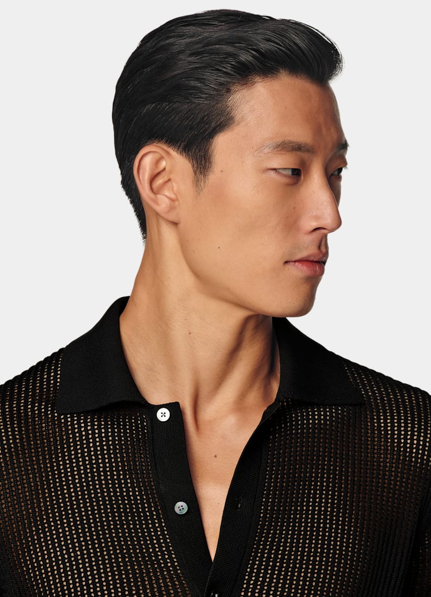 SUITSUPPLY Californian Cotton & Mulberry Silk Black Crochet Polo