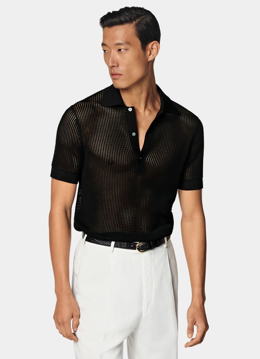 SUITSUPPLY Californian Cotton & Mulberry Silk Black Crochet Polo