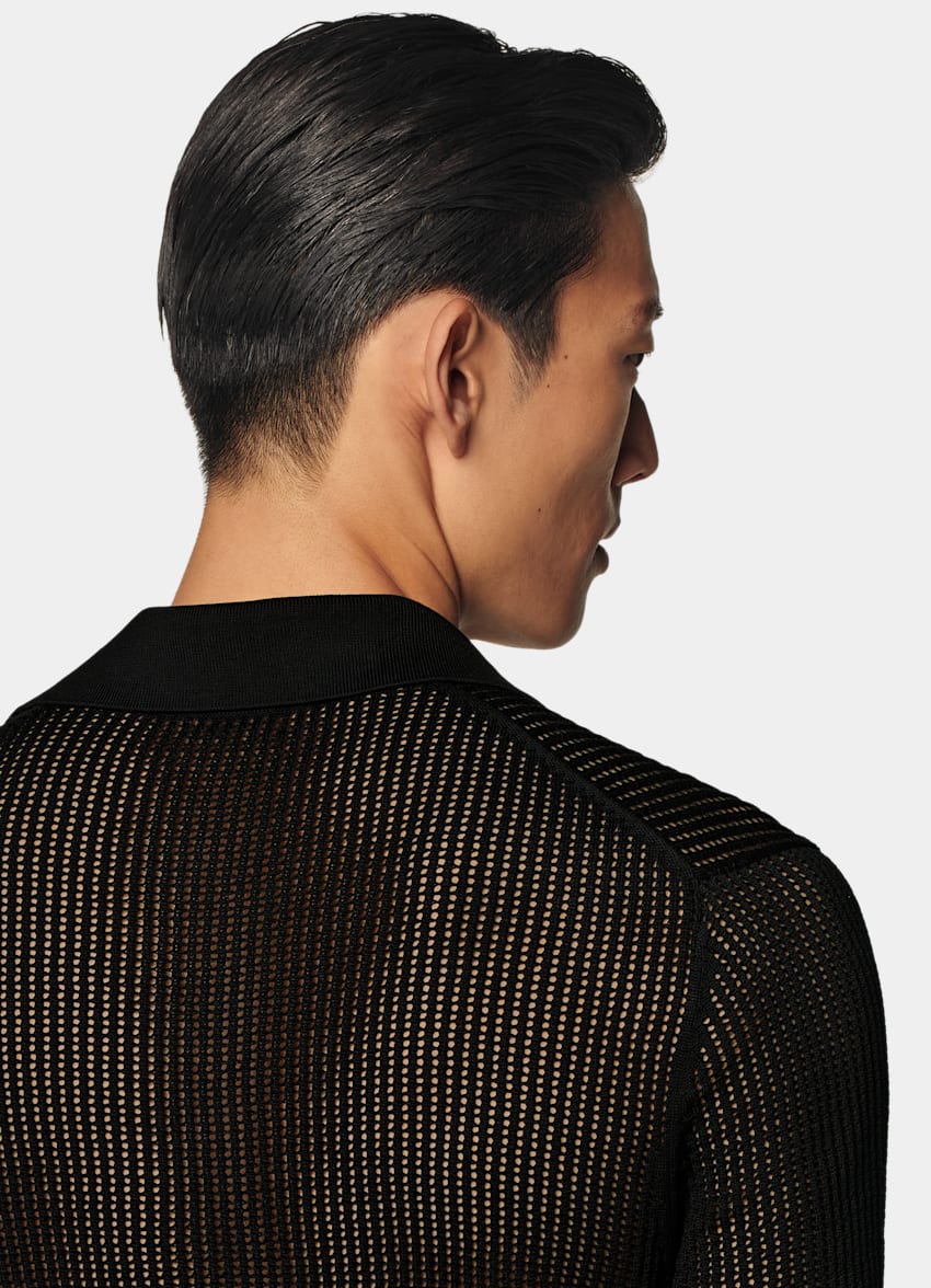 SUITSUPPLY Californian Cotton & Mulberry Silk Black Crochet Polo