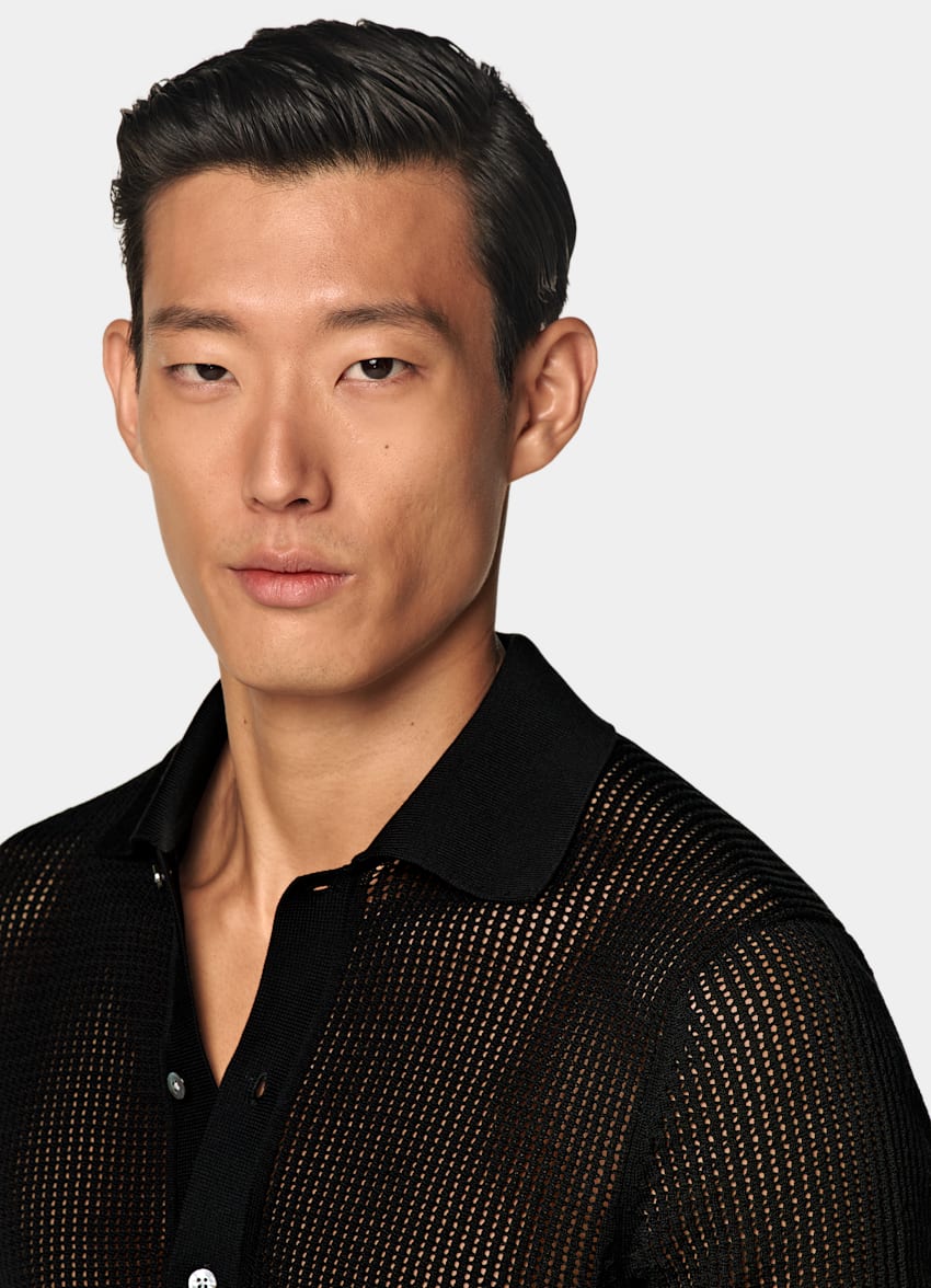 SUITSUPPLY Californian Cotton & Mulberry Silk Black Crochet Polo