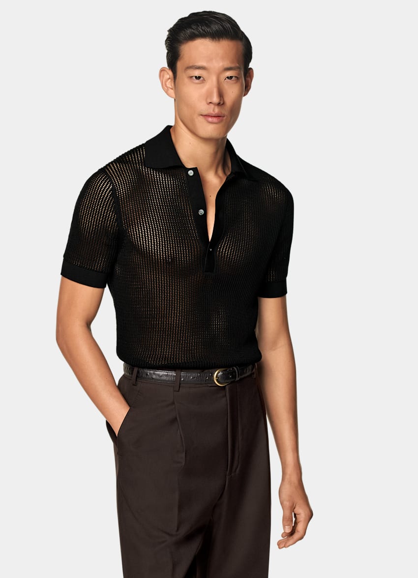 SUITSUPPLY Californian Cotton & Mulberry Silk Black Crochet Polo