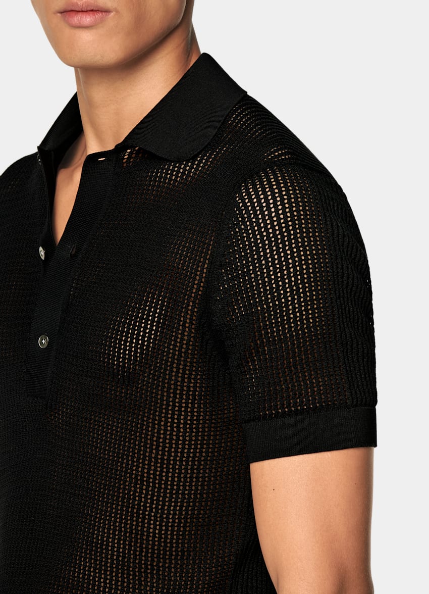SUITSUPPLY Californian Cotton & Mulberry Silk Black Crochet Polo