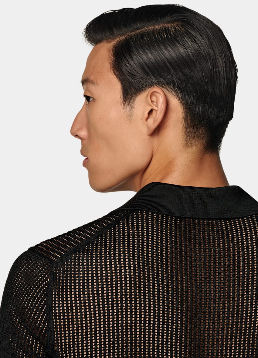 SUITSUPPLY Californian Cotton & Mulberry Silk Black Crochet Polo