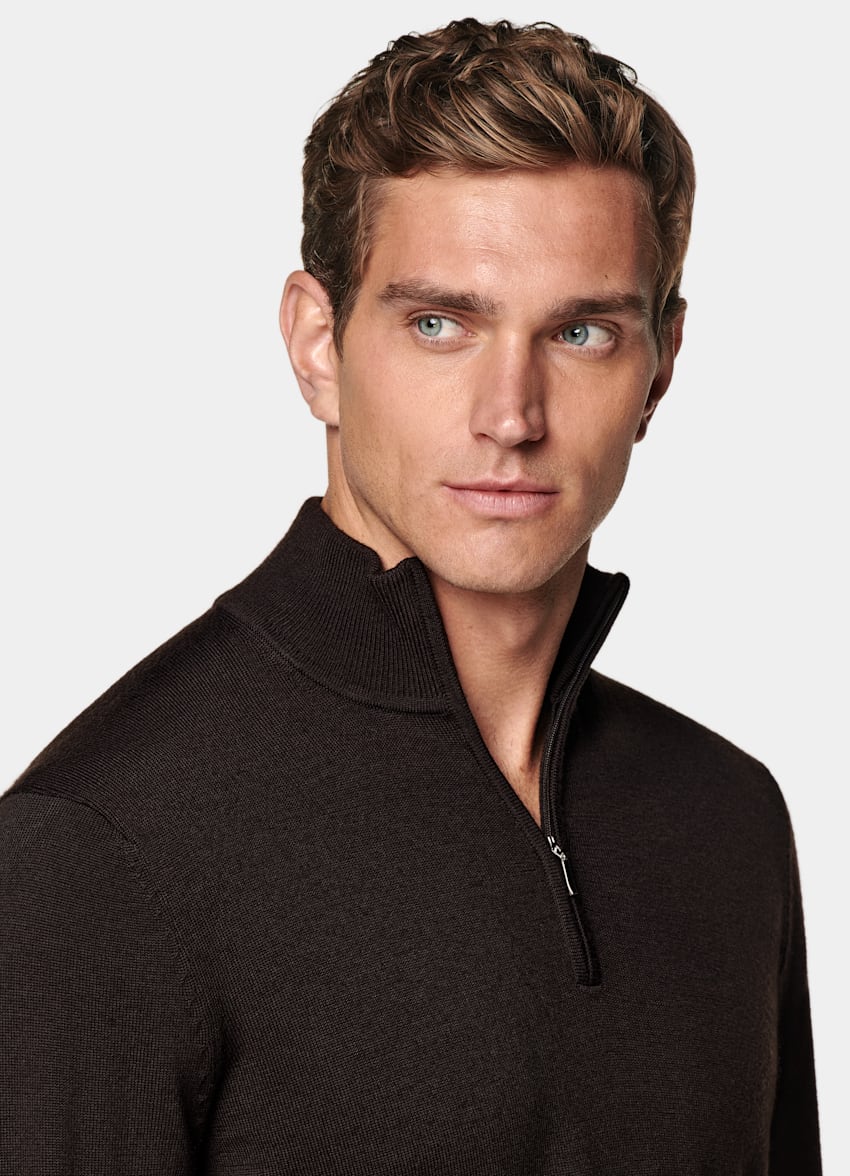 SUITSUPPLY Pure Wool Dark Brown Merino Half Zip