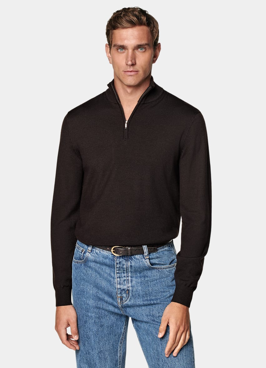 SUITSUPPLY Pure Wool Dark Brown Merino Half Zip