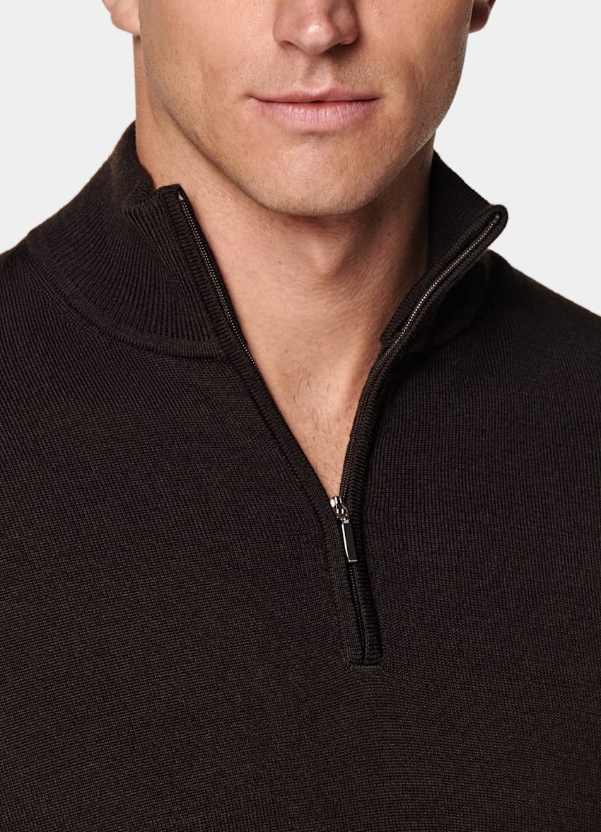 SUITSUPPLY Pure Wool Dark Brown Merino Half Zip