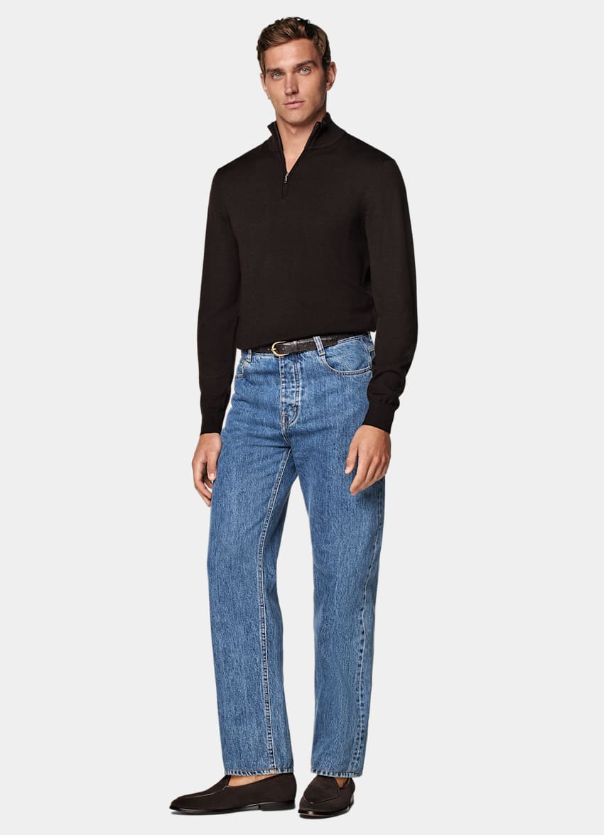 SUITSUPPLY Pure Wool Dark Brown Merino Half Zip