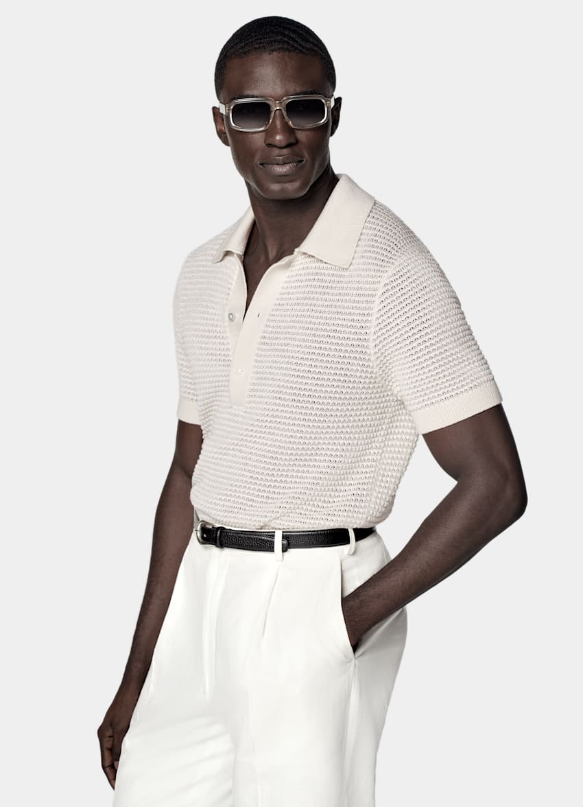 SUITSUPPLY Cotton Linen Silk Light Grey Crochet Polo