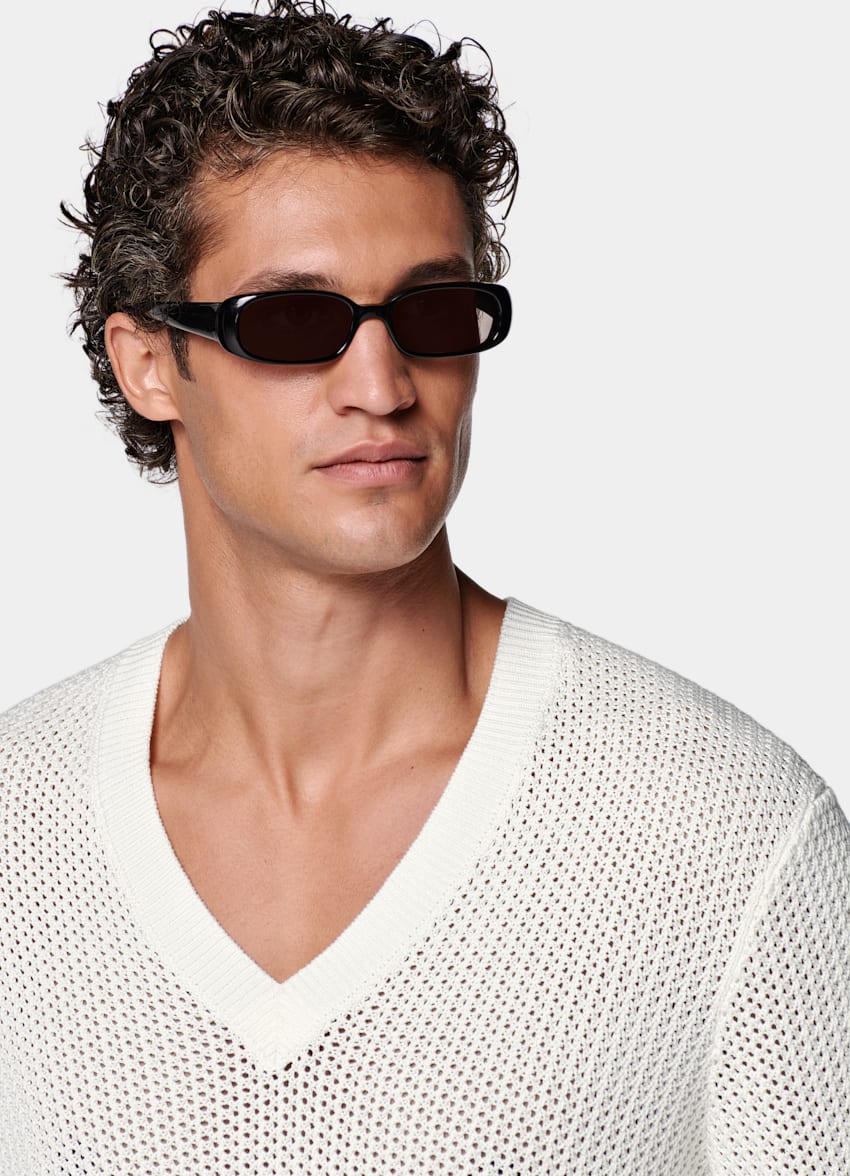 SUITSUPPLY Coton et soie Pull col V en crochet blanc cassé