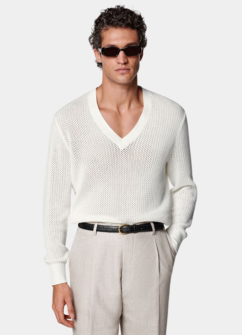 SUITSUPPLY Coton et soie Pull col V en crochet blanc cassé