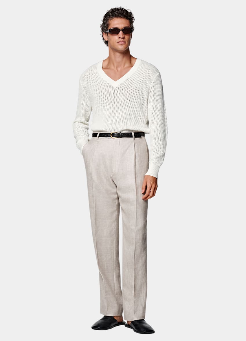 SUITSUPPLY Coton et soie Pull col V en crochet blanc cassé