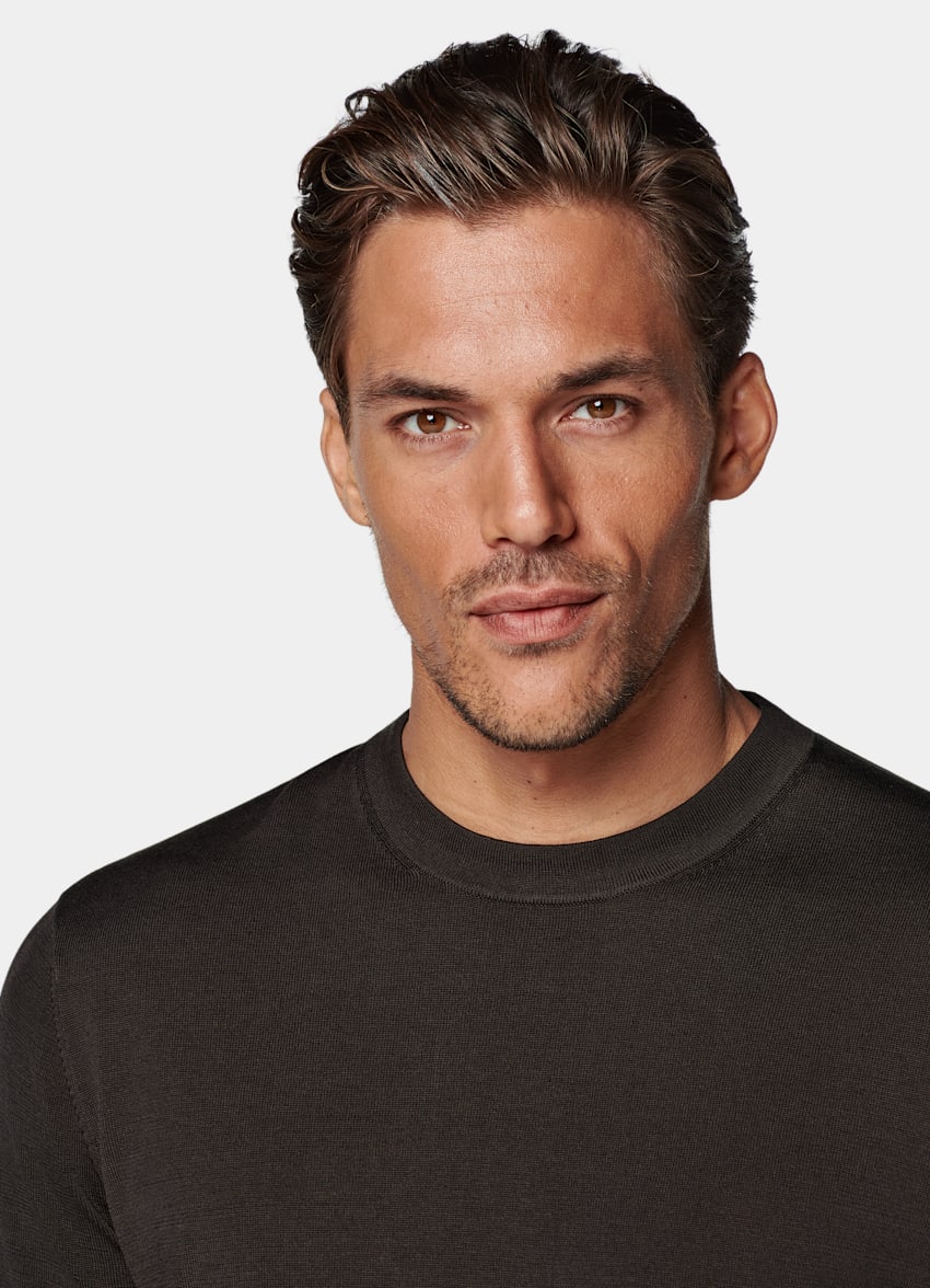 SUITSUPPLY Californian Cotton & Mulberry Silk Dark Brown Short Sleeve Crewneck