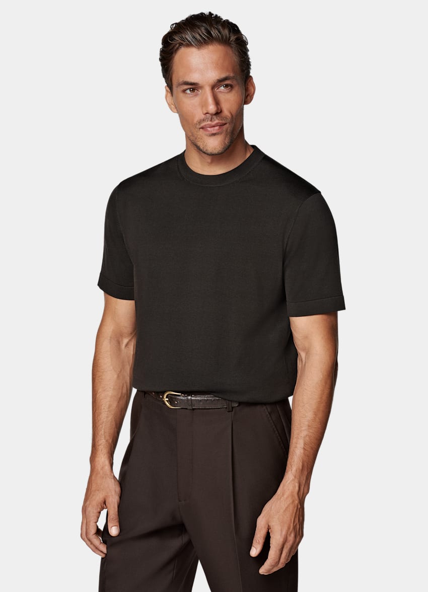 SUITSUPPLY Californian Cotton & Mulberry Silk Dark Brown Short Sleeve Crewneck