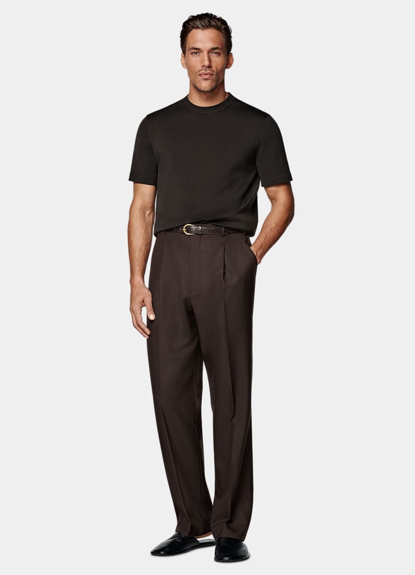 SUITSUPPLY Californian Cotton & Mulberry Silk Dark Brown Short Sleeve Crewneck