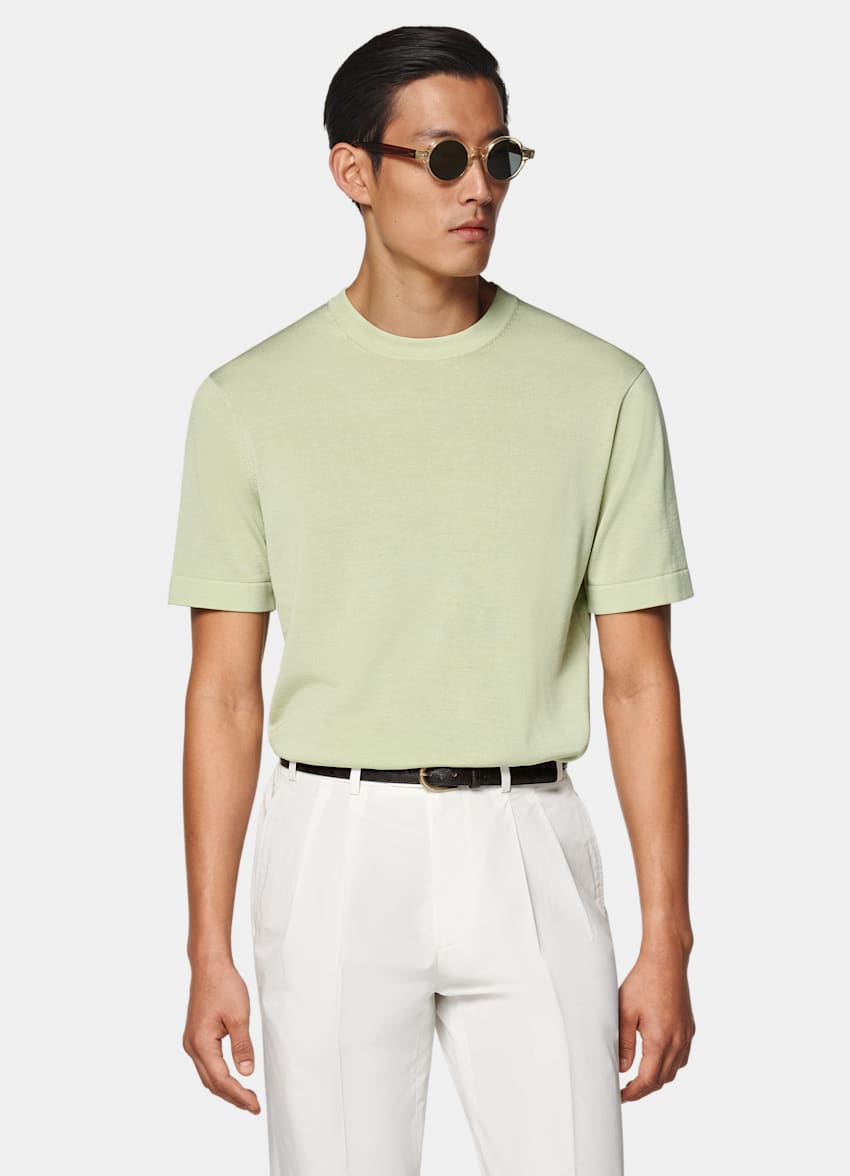 SUITSUPPLY Californian Cotton & Mulberry Silk Light Green Short Sleeve Crewneck