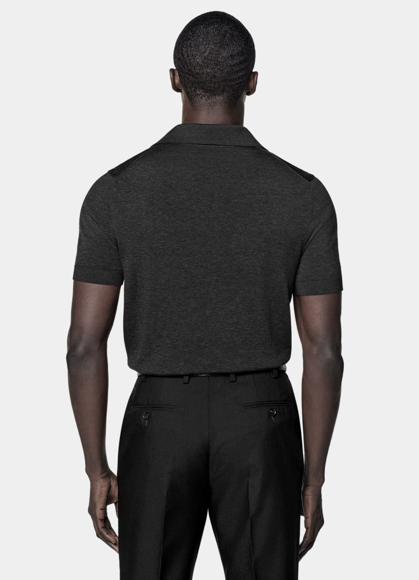 Dark Grey Polo in Californian Cotton & Mulberry Silk