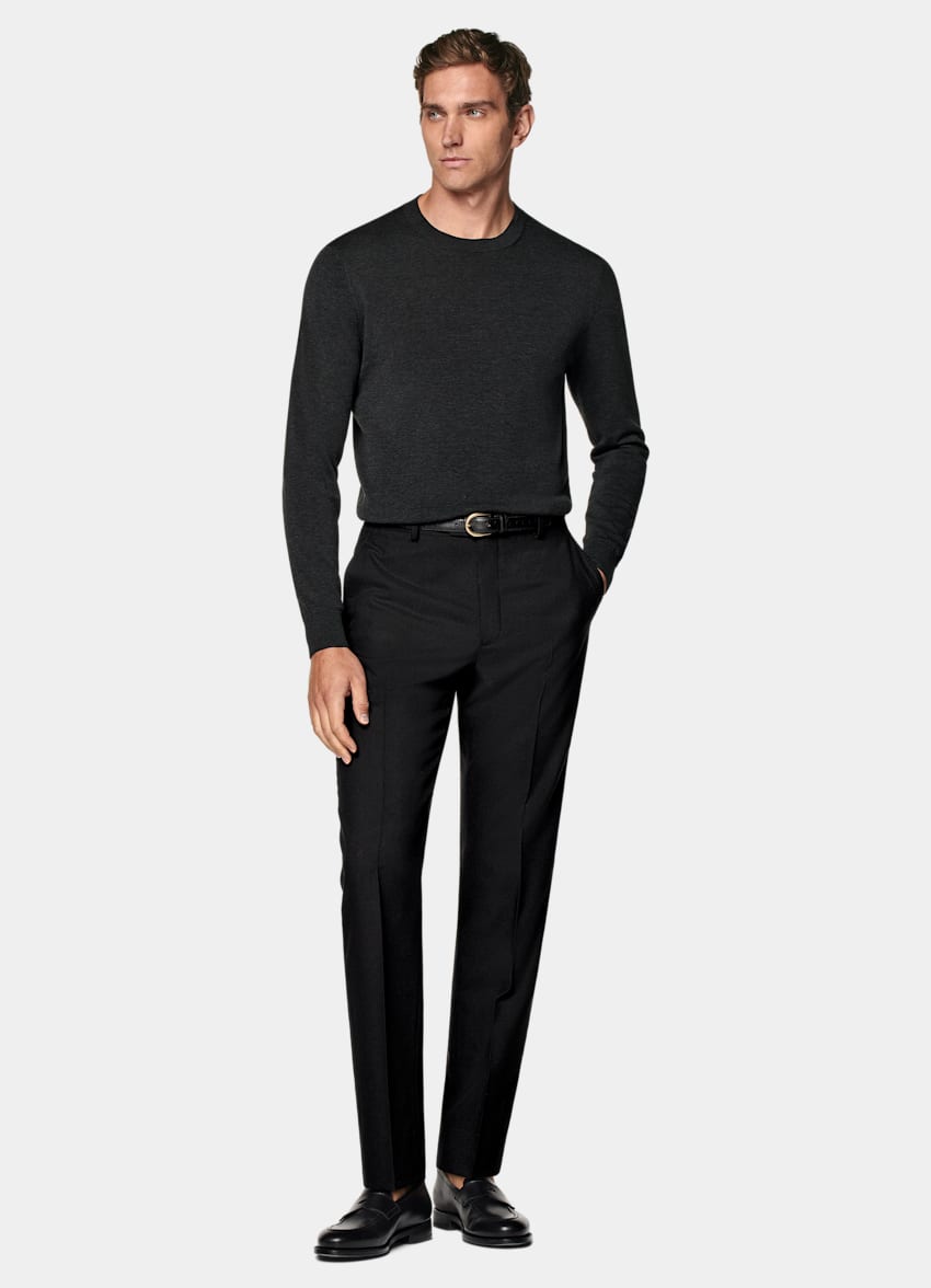 SUITSUPPLY Kalifornische Baumwolle und Maulbeerseide Rundhalspullover dunkelgrau