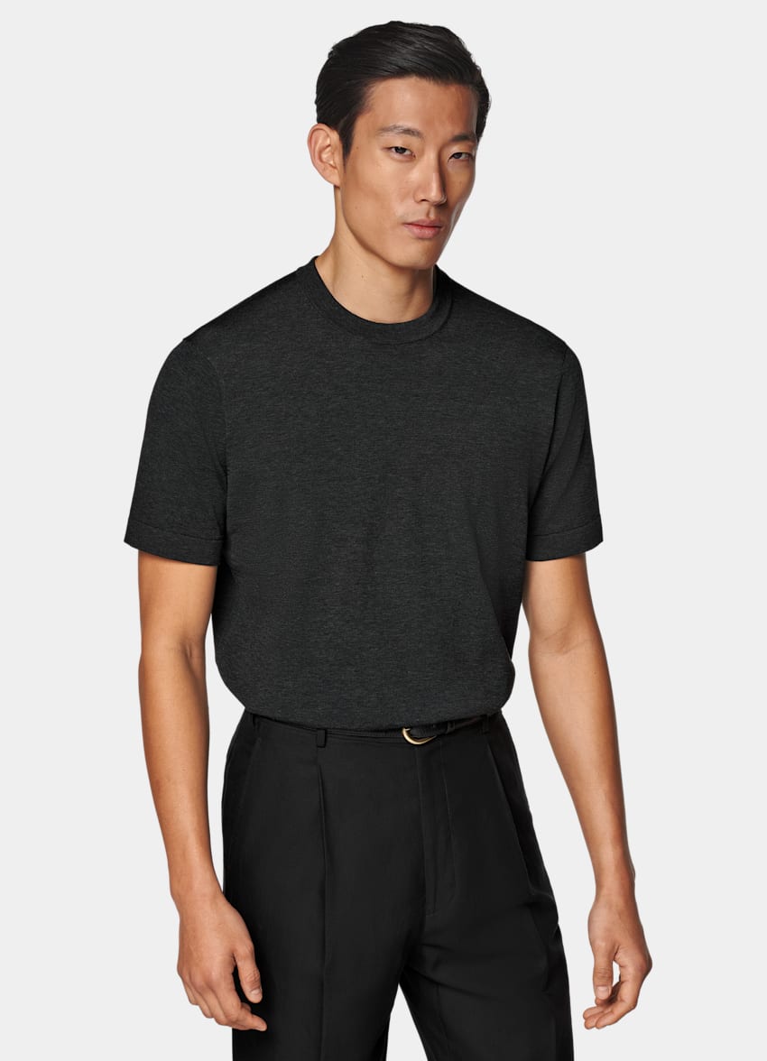 SUITSUPPLY Californian Cotton & Mulberry Silk Dark Grey Short Sleeve Crewneck