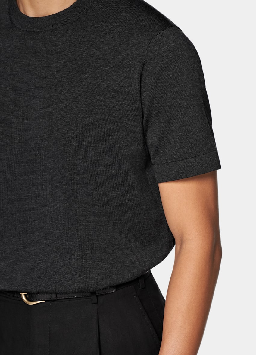 SUITSUPPLY Californian Cotton & Mulberry Silk Dark Grey Short Sleeve Crewneck