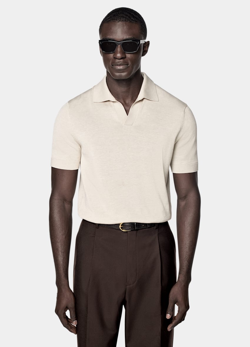 SUITSUPPLY Californian Cotton & Mulberry Silk Sand Buttonless Polo