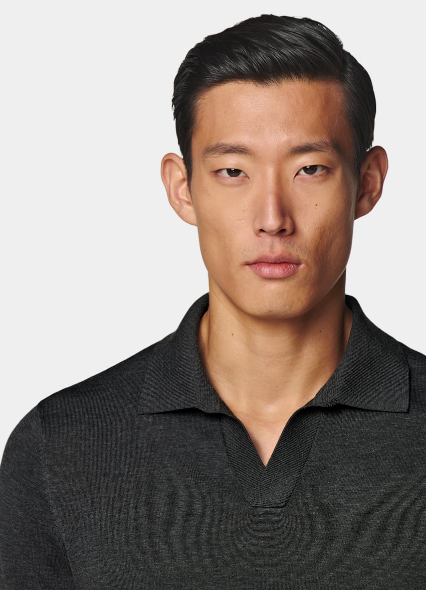 SUITSUPPLY Californian Cotton & Mulberry Silk Dark Grey Buttonless Polo