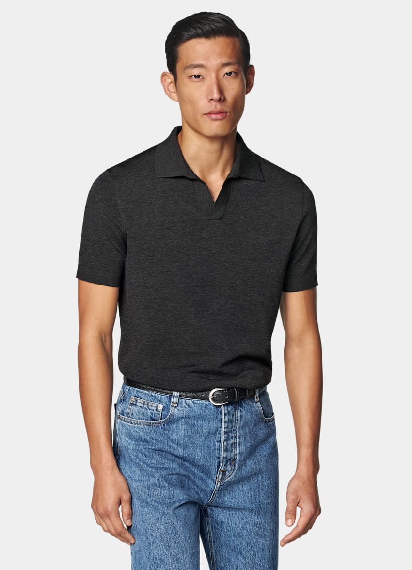 SUITSUPPLY Californian Cotton & Mulberry Silk Dark Grey Buttonless Polo