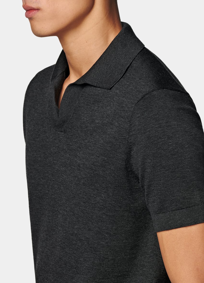 SUITSUPPLY Californian Cotton & Mulberry Silk Dark Grey Buttonless Polo