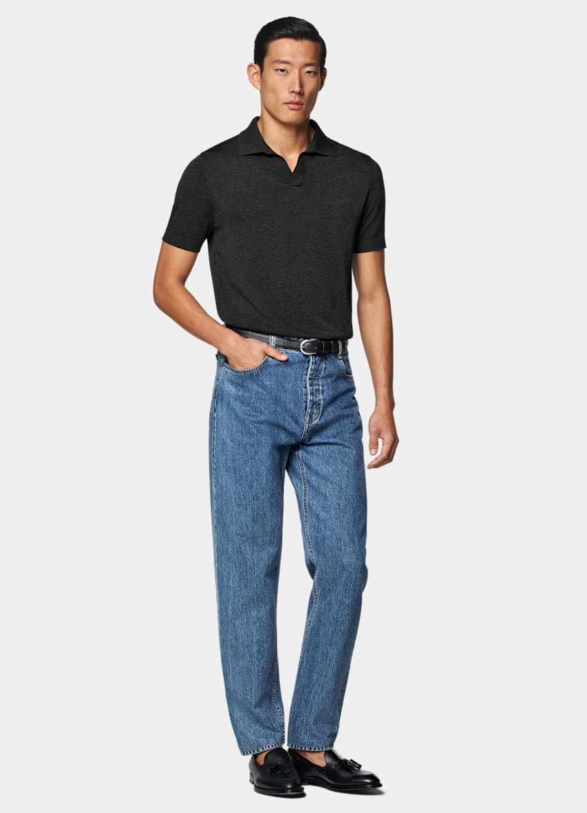 SUITSUPPLY Californian Cotton & Mulberry Silk Dark Grey Buttonless Polo