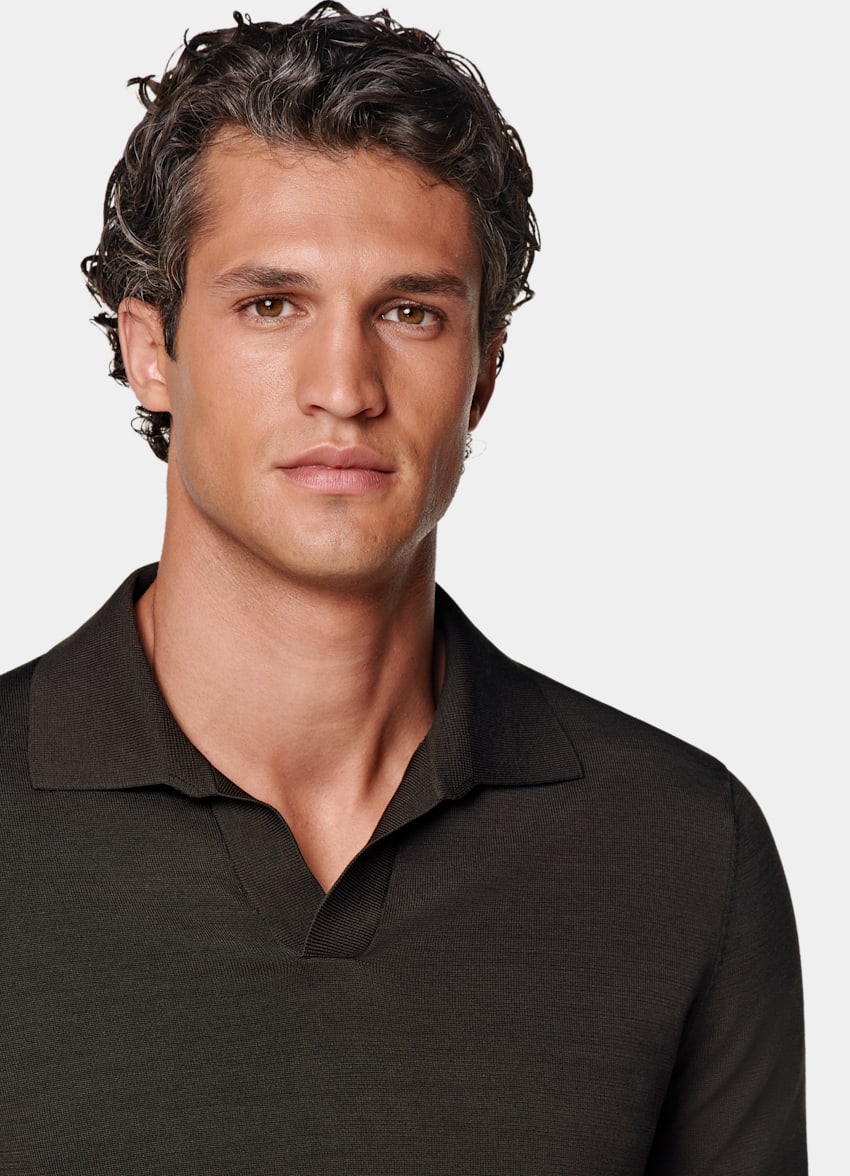 SUITSUPPLY Californian Cotton & Mulberry Silk Dark Brown Buttonless Polo