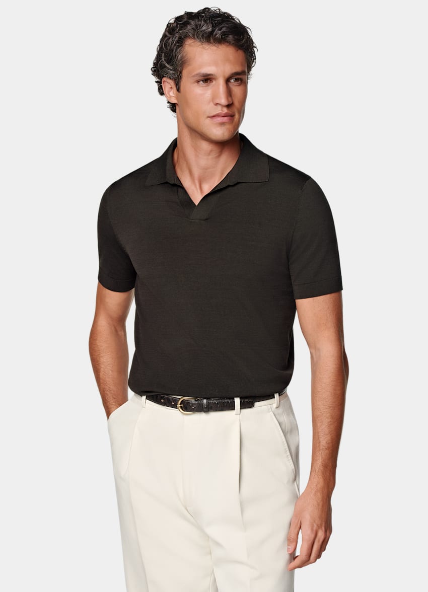 SUITSUPPLY Californian Cotton & Mulberry Silk Dark Brown Buttonless Polo