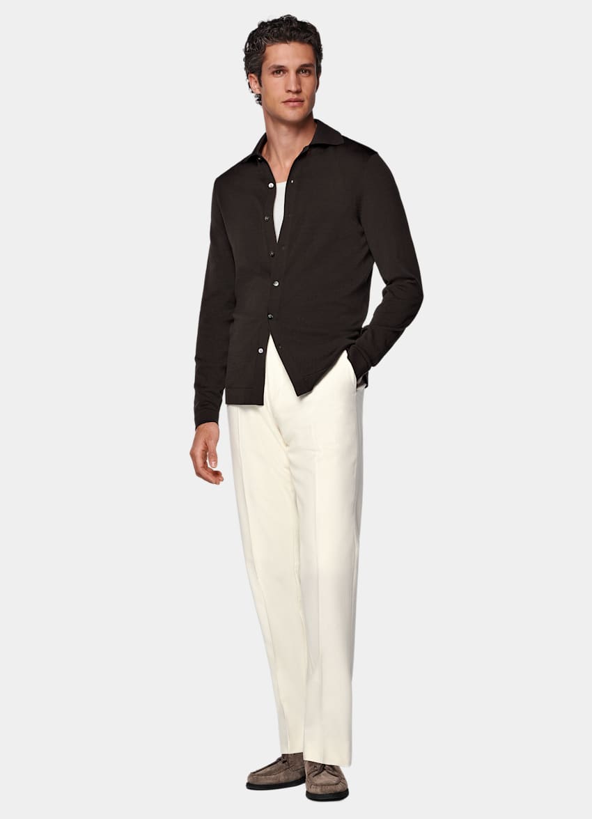 SUITSUPPLY Kalifornische Baumwolle und Maulbeerseide Polo-Cardigan dunkelbraun Langarm
