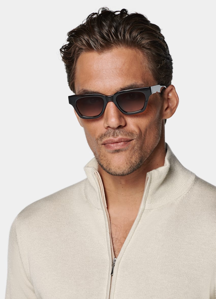 SUITSUPPLY Silk Wool Cashmere Sand Zip Cardigan