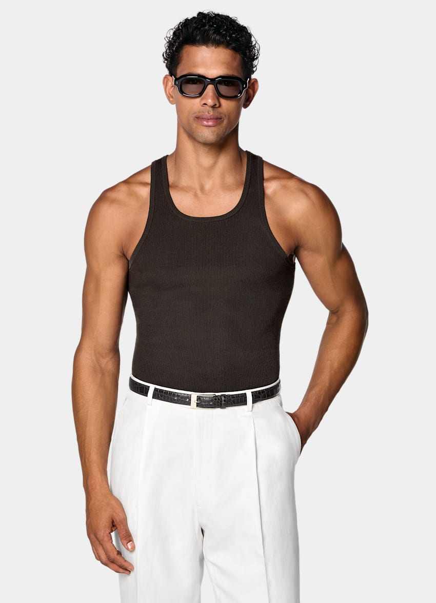 SUITSUPPLY Cotton Silk Brown Ribbed Tank Top