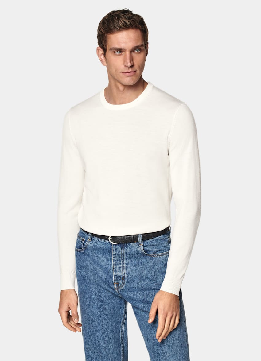SUITSUPPLY Pure laine Pull col rond Merino blanc cassé
