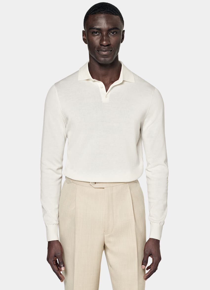 Off-White Long Sleeve Polo Shirt in Californian Cotton & Mulberry Silk