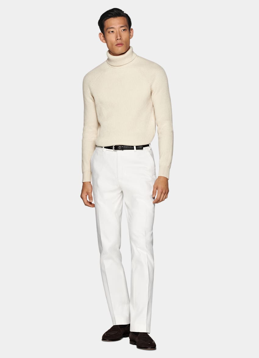 SUITSUPPLY Merino Wool & Mongolian Cashmere Off-White Ribbed Turtleneck