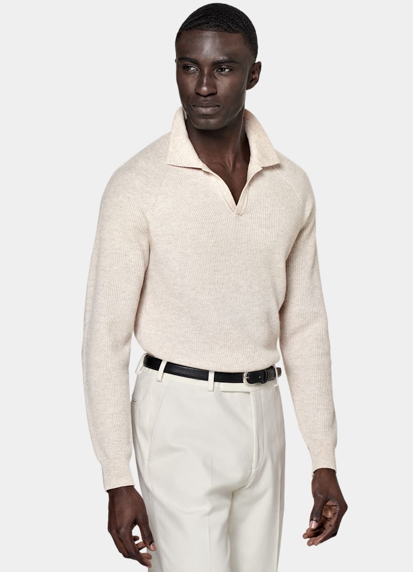 SUITSUPPLY Australian Wool & Mongolian Cashmere Light Brown Ribbed Long Sleeve Buttonless Polo Shirt