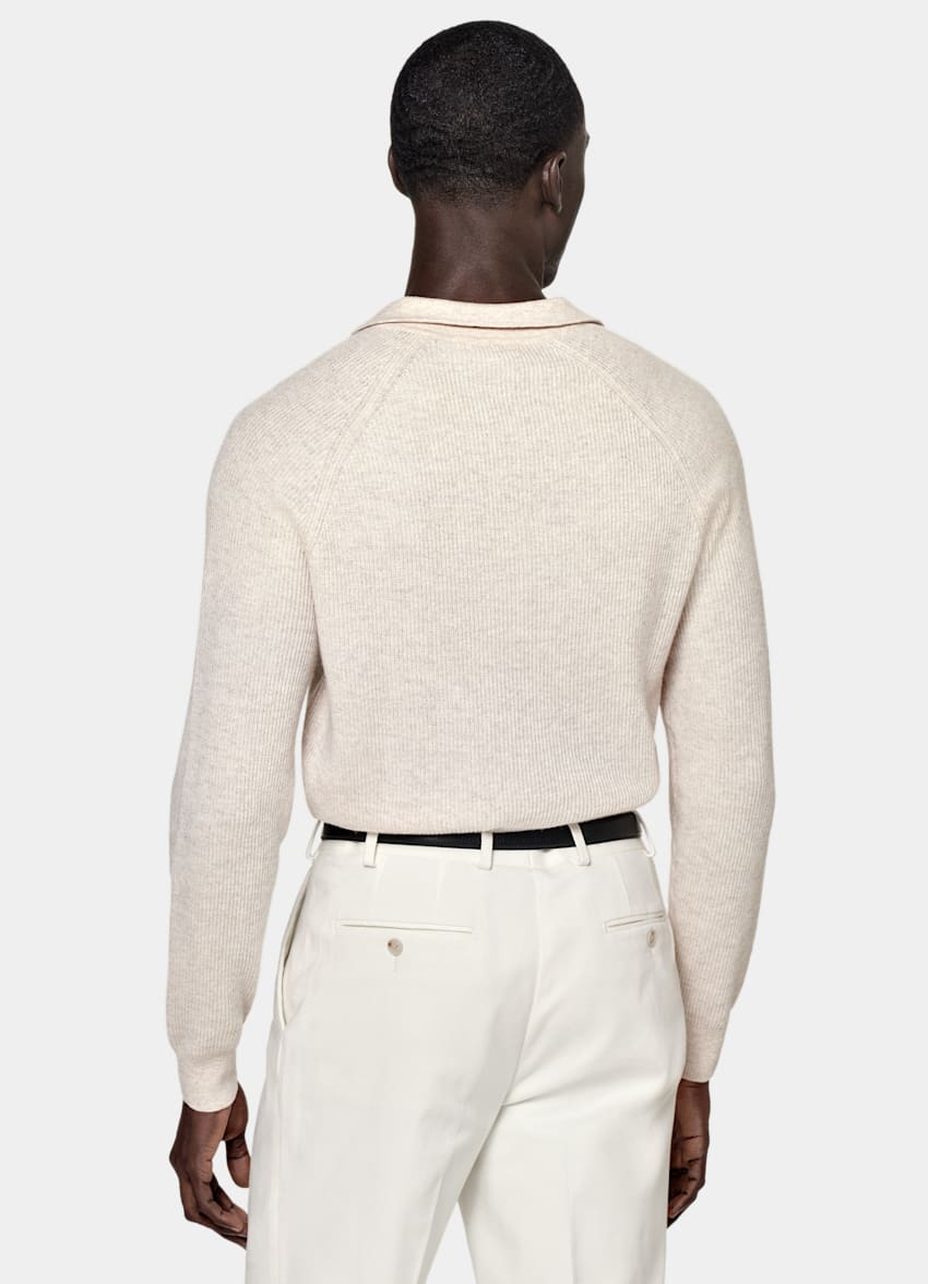 SUITSUPPLY Australian Wool & Mongolian Cashmere Light Brown Ribbed Long Sleeve Buttonless Polo Shirt