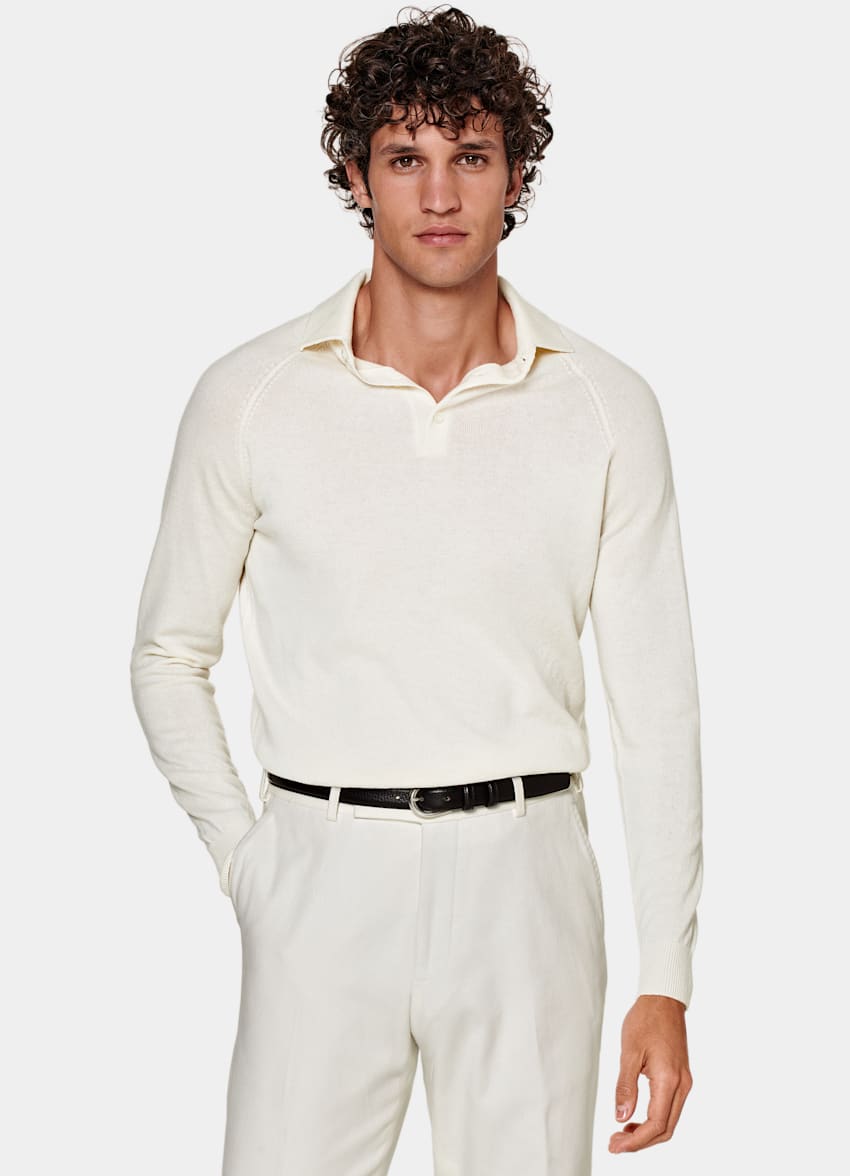 SUITSUPPLY Australian Wool & Mongolian Cashmere Off-White Long Sleeve Polo Shirt 