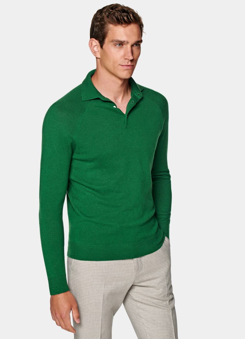 Green Long Sleeve Polo Shirt | Wool Cashmere | SUITSUPPLY CN
