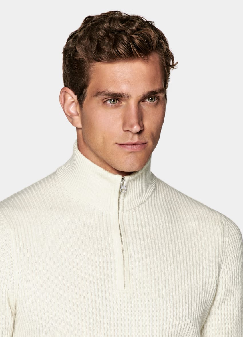 SUITSUPPLY Merino Wool & Mongolian Cashmere Off-White Half Zip