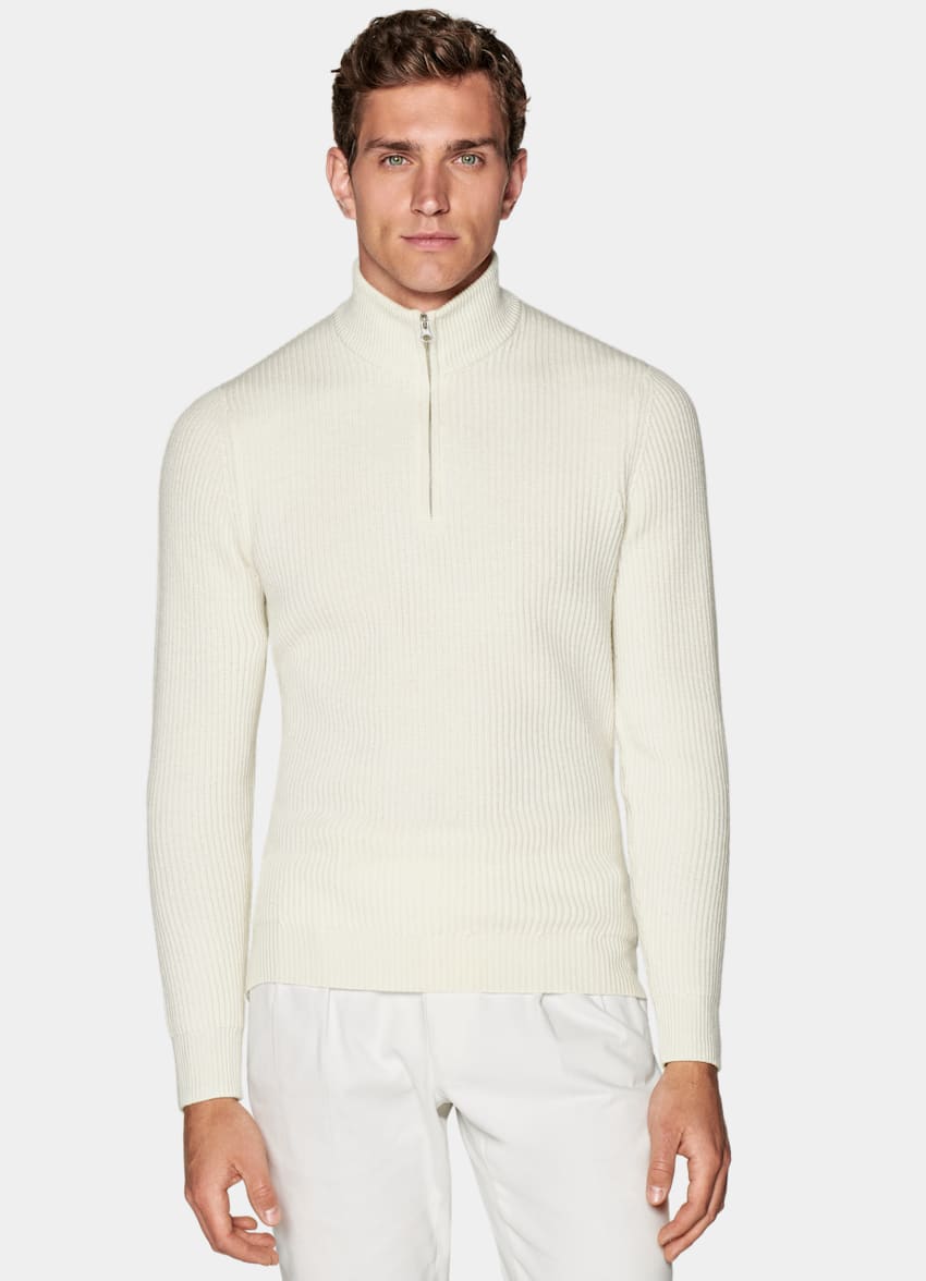 SUITSUPPLY Merino Wool & Mongolian Cashmere Off-White Half Zip