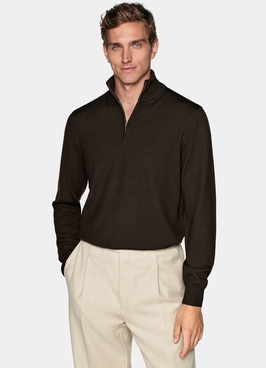 Dark Brown Half Zip Sweater | Pure Merino Wool | Suitsupply Online Store