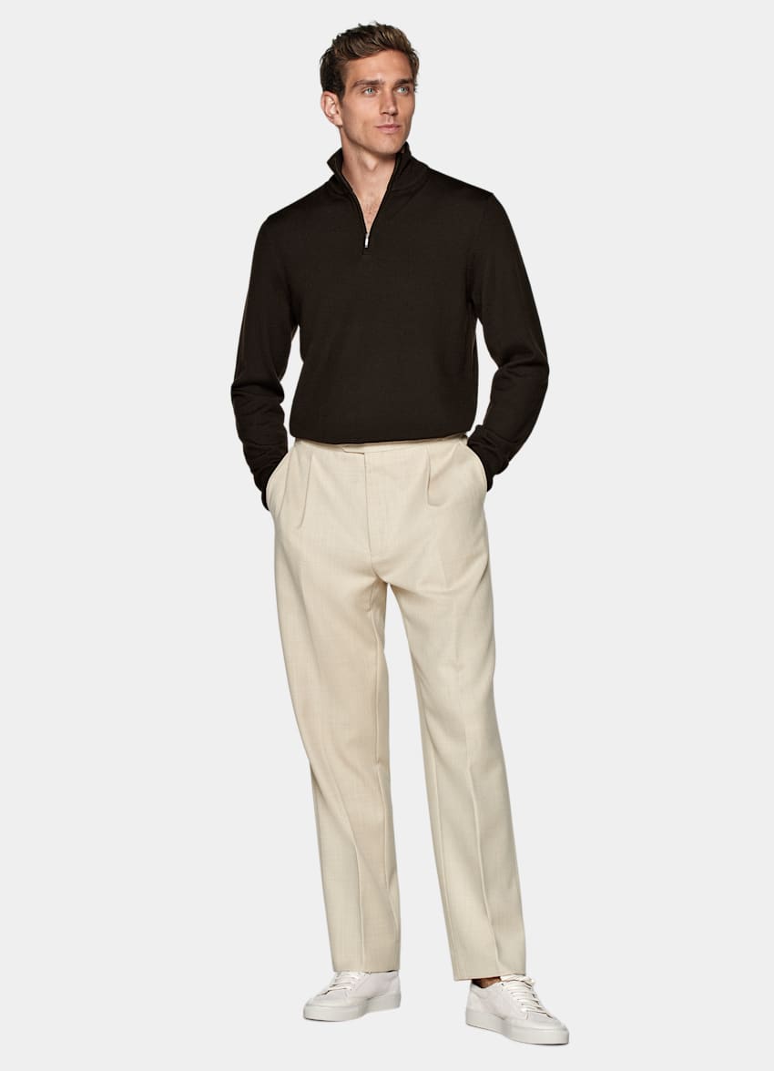 Dark Brown Half Zip Sweater | Pure Merino Wool | Suitsupply Online Store