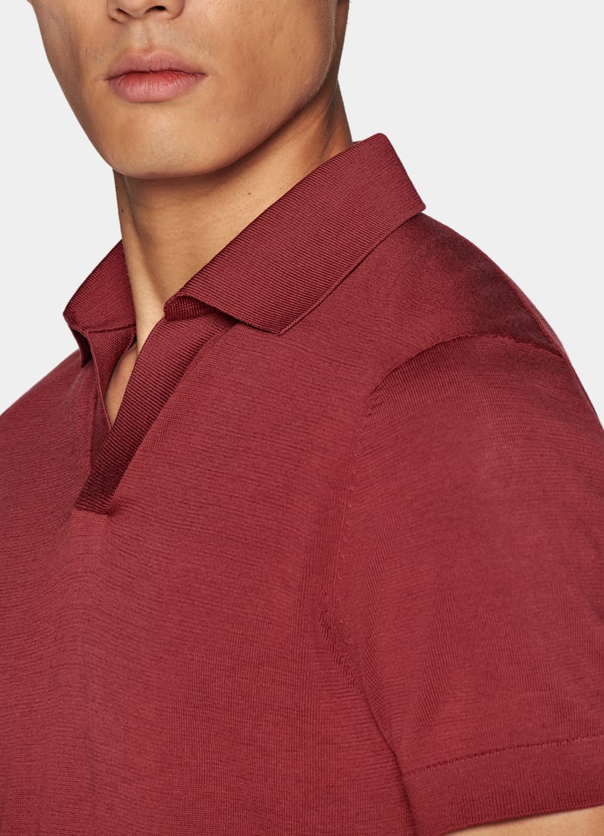 Red Buttonless Polo Shirt in Californian Cotton & Mulberry Silk ...