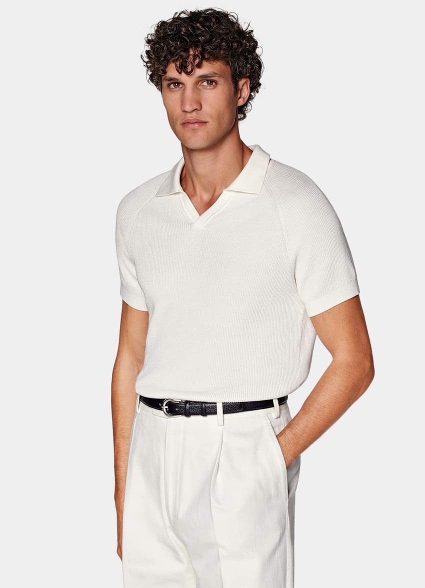 SUITSUPPLY Californian Cotton & Mulberry Silk Off-White Ribbed Buttonless Polo Shirt