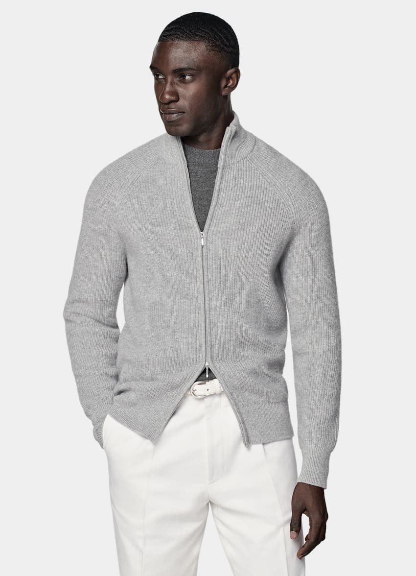 SUITSUPPLY Australian Wool & Mongolian Cashmere Light Grey Ribbed Zip Cardigan