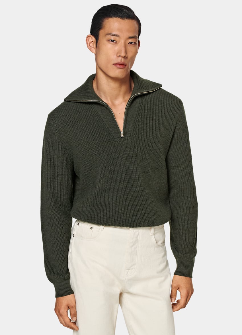 SUITSUPPLY Australian Wool & Mongolian Cashmere Dark Green Half Zip